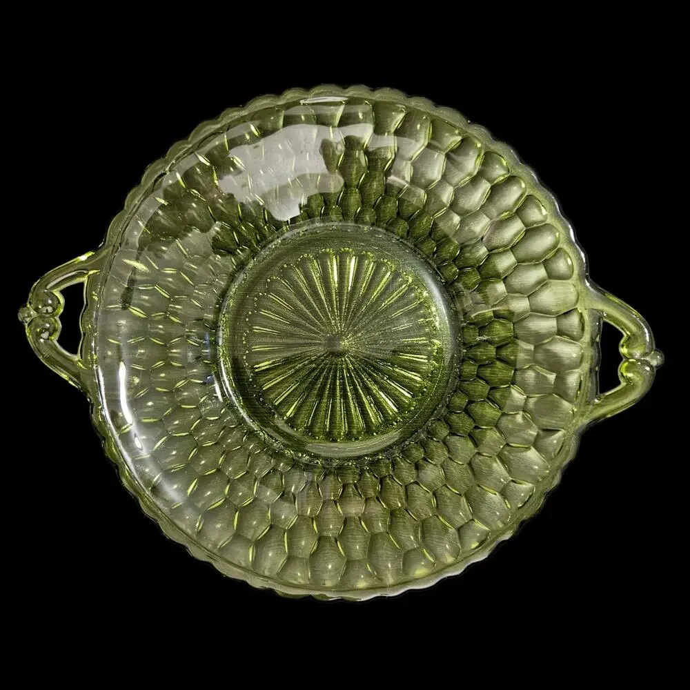 Vintage Olive Green Pressed Glass Handled Serving Bowl Dish Centerpiece